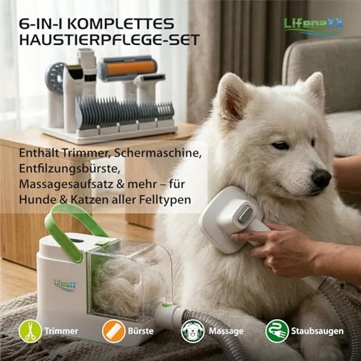 Lifenaxx Haustierpflege Set LX-052, 6-in-1 Tierhaarschneider mit Vakuumfunktion, leise, für Hunde & Katzen, inkl. HEPA-Filter, Trimmer, Entfilzungsbürste und Massageaufsatz – Bild 2