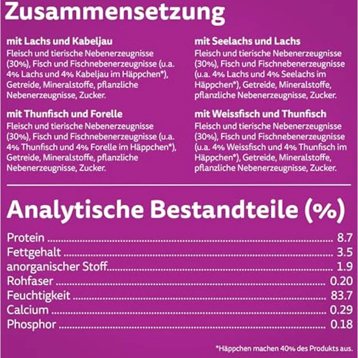 WHISKAS Duo Nassfutter Portionsbeutel Multipack, Ocean Delights in Gelee, 12 x 85g, mit vier Fischkombinationen und 100% täglichem Nährstoffbedarf – Bild 5
