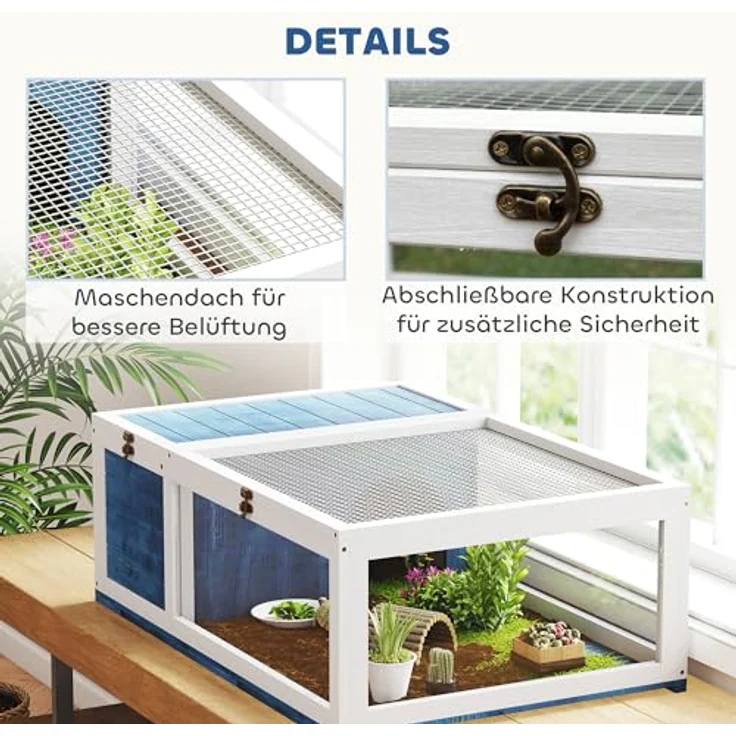 PawHut Schildkrötenhaus aus Holz, großzügiges Schildkrötengehege mit Zweiraumdesign, aufklappbare Oberseite, Outdoor-Reptilienkäfig, Blau – Bild 5