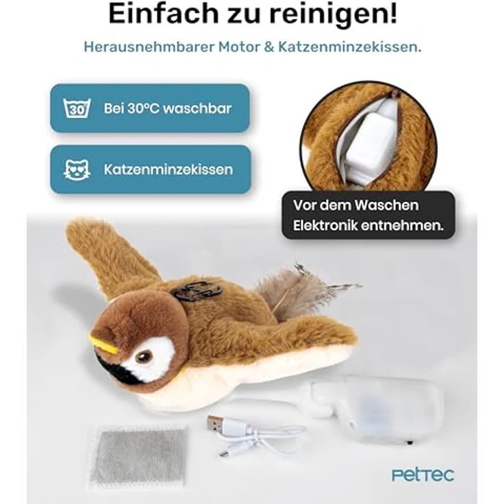 PetTec interaktives Plüschtier für Katzen - Spatz, mit Bewegung und Zwitschern, aktiviert den Jagdinstinkt – Bild 6