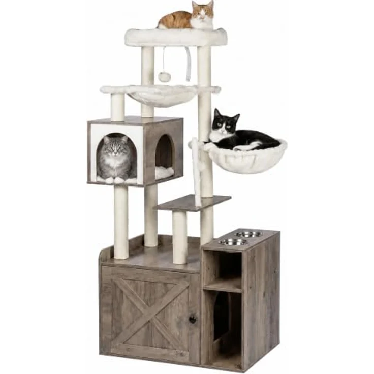 Relaxdays Kratzbaum Katzenkloschrank mit Magnettür, Sisal & Höhle, Holzoptik-Weiß, inkl. 2 Näpfen und Plüschball – Bild 1