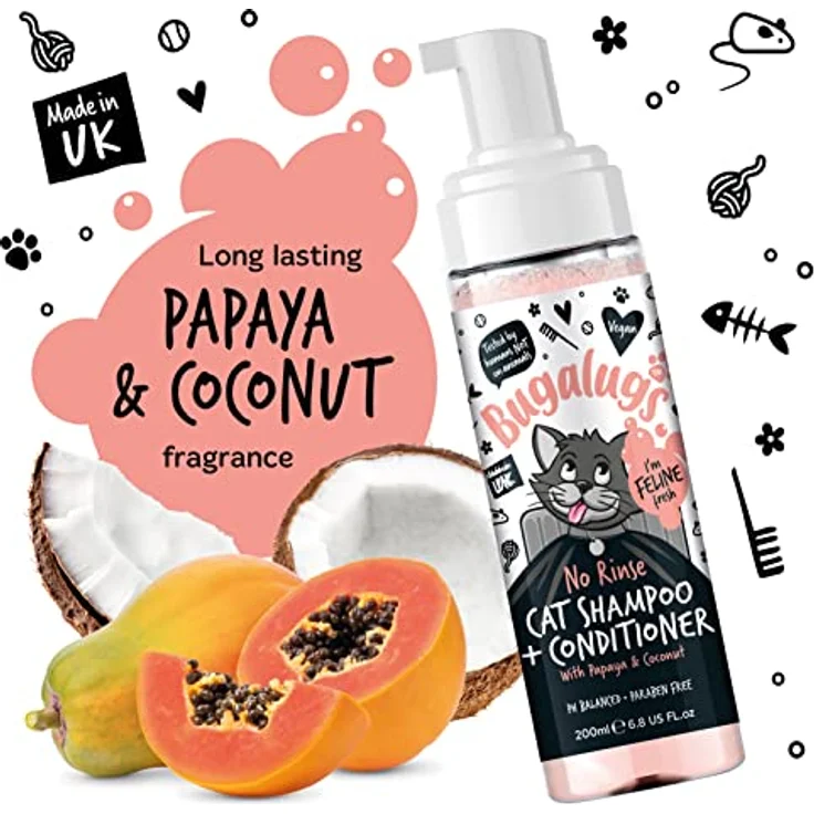 Bugalugs Katzenshampoo 2 in 1 ohne Wasser, pH-neutral, 200ml, Papaya und Kokosduft, für wasserscheue Katzen – Bild 5