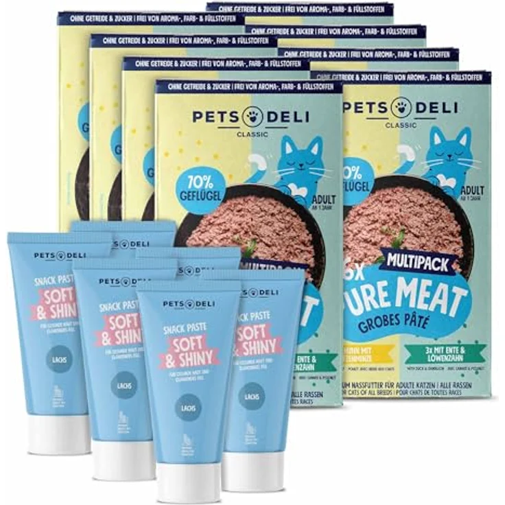 Pets Deli Bundle für Katzen, Pure Meat Nassfutter mit Huhn und Ente & Gesundem Fell-Snack, 960g – Bild 1