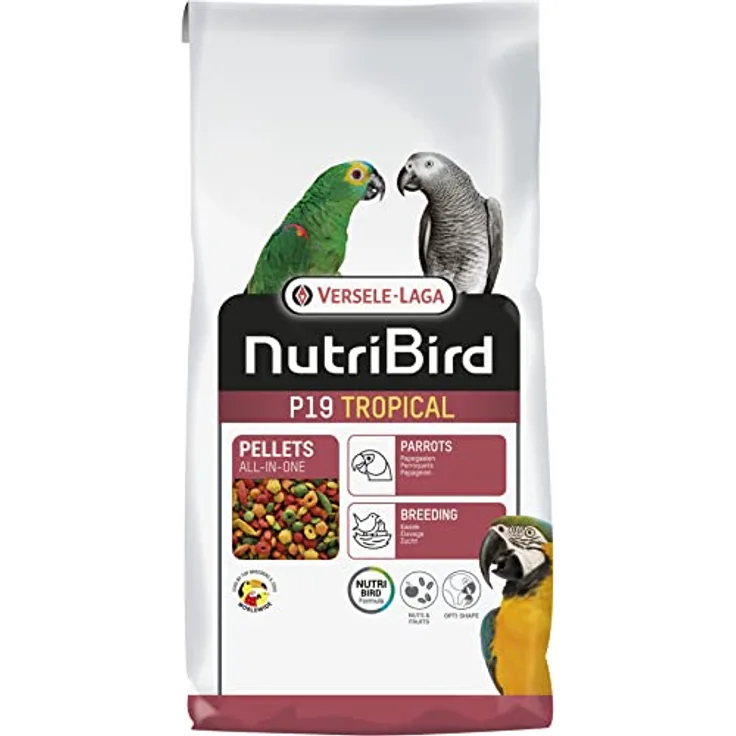 Versele-Laga NutriBird P19 Tropical Extrudierte Pellets, Aufzuchtfutter für Papageien, mehrfarbig, 10kg mit Opti-Digest-Formel und angereichert mit Mineralstoffen