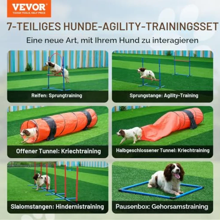 VEVOR Agility Set Hunde, 7-teiliges Upgrade-Set mit verstellbaren Hürden, Slalomstangen, Tunneln, Sprungring und Zubehör für Agility-Training – Bild 2