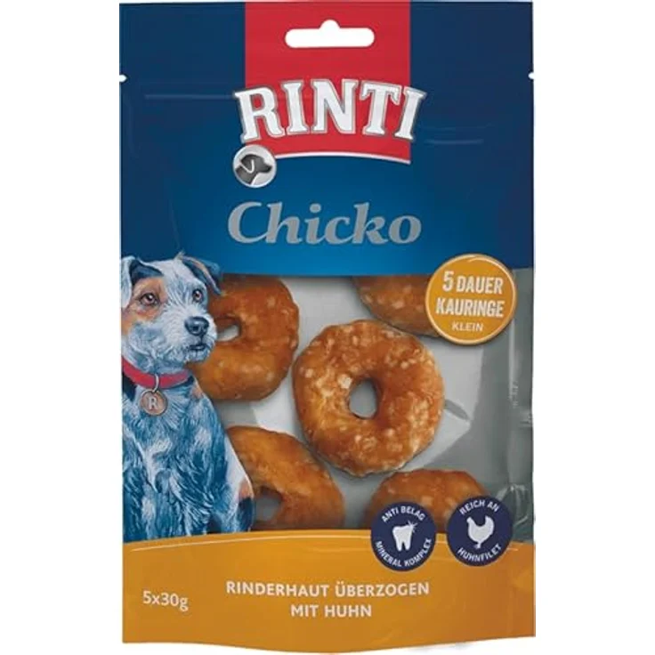 Rinti Chicko Kauringe klein, 9er Pack aus bissfester Rinderhaut mit Hühnerfleisch überzogen, für saubere Zähne, wiederverschließbar – Bild 2