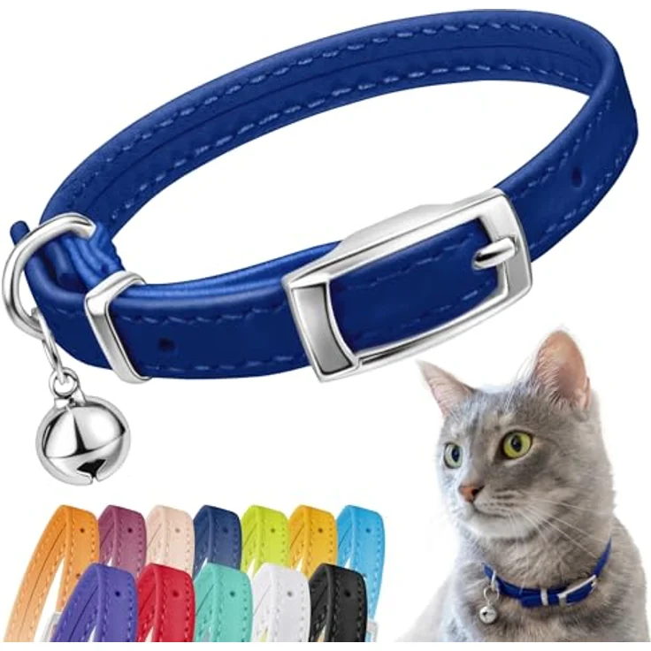 CollarDirect Leder Katzenhalsband mit Sicherheitsverschluss und Metallglocke, 21,5 cm, Marineblau – Bild 1