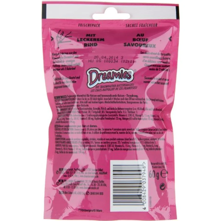 Dreamies Katzensnack Klassik, Sparpaket Rind (6 x 60 g), knusprig mit cremigem Kern, ohne künstliche Aromastoffe, kalorienarm – Bild 2