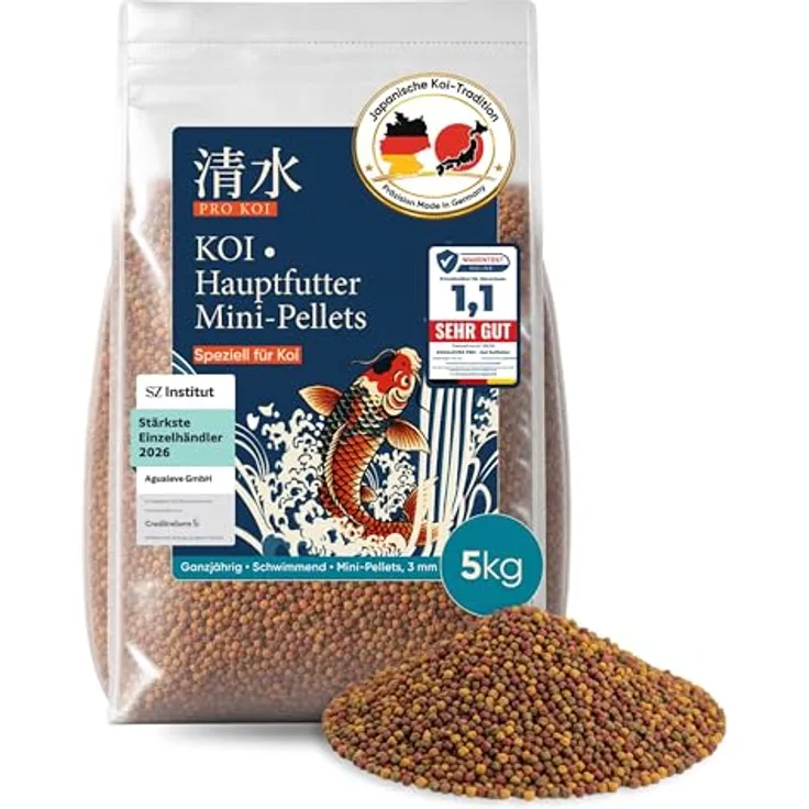 AGUALEVE PRO KOI Hauptfutter Mini-Pellets 15 L (ca. 5 kg) – schwimmende 3 mm Pellets für Koi, Vital-360°-Rezeptur mit Weizenkeim, Spirulina und Astaxanthin, Made in Germany