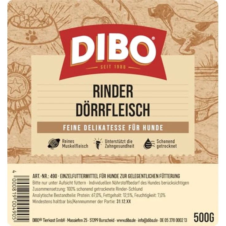 DIBO Rinder-Dörrfleisch 500g, natürlicher Kausnack ohne chemische Zusätze, schonend getrocknet, für Hunde – Bild 4