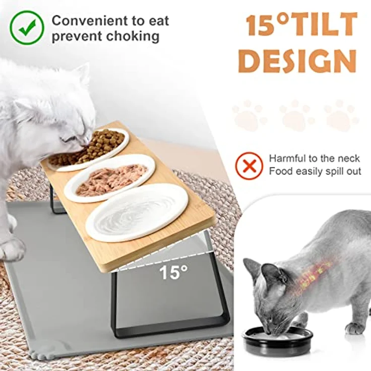 Lannvan Katzennapf Erhöht - 3er Set Futternapf aus Keramik mit Silikonunterlage, 15° Neigung, rutschfest, ideal für Katzen und kleine Hunde – Bild 3