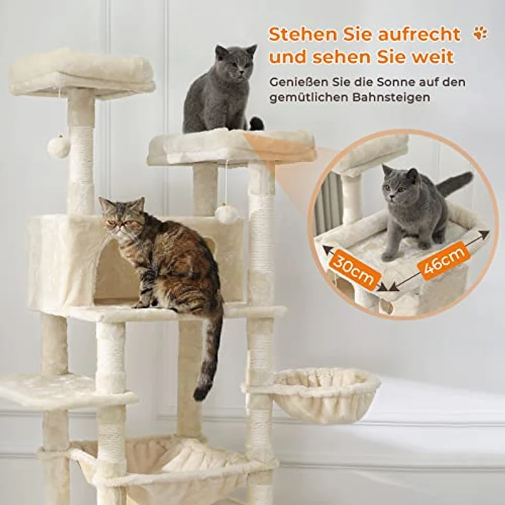 MSmask Kratzbaum groß, 193 cm hoch, stabiler XXL Katzenbaum mit 2 Höhlen, 2 Plattformen, Hängematte und mehreren Ebenen, deckenhoch – Bild 3