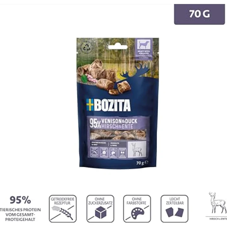 Bozita Meaty Bites Hundesnack, 95% Hirsch & Ente, 70 g, getreidefrei, ohne Huhn & Glyzerin, schmackhafte Dog Treats für Training und Belohnung – Bild 5
