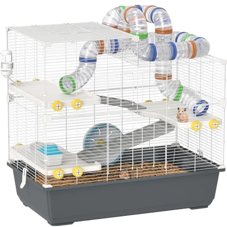 PawHut Hamsterkäfig 4 Etagen, Nagerkäfig mit Laufrad, Tunnel und Futternapf, grau, 78 x 45 x 73 cm für Syrischen Hamster