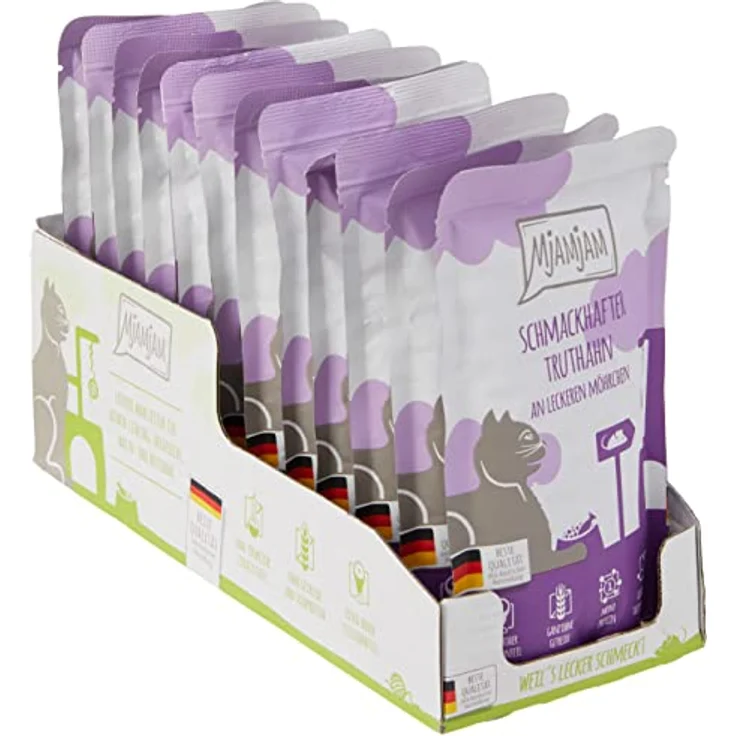 MjAMjAM Premium Nassfutter für Katzen - Quetschie mit Truthahn und Möhrchen, getreidefrei, 12er Pack (12 x 125 g), hoher Fleischanteil – Bild 4