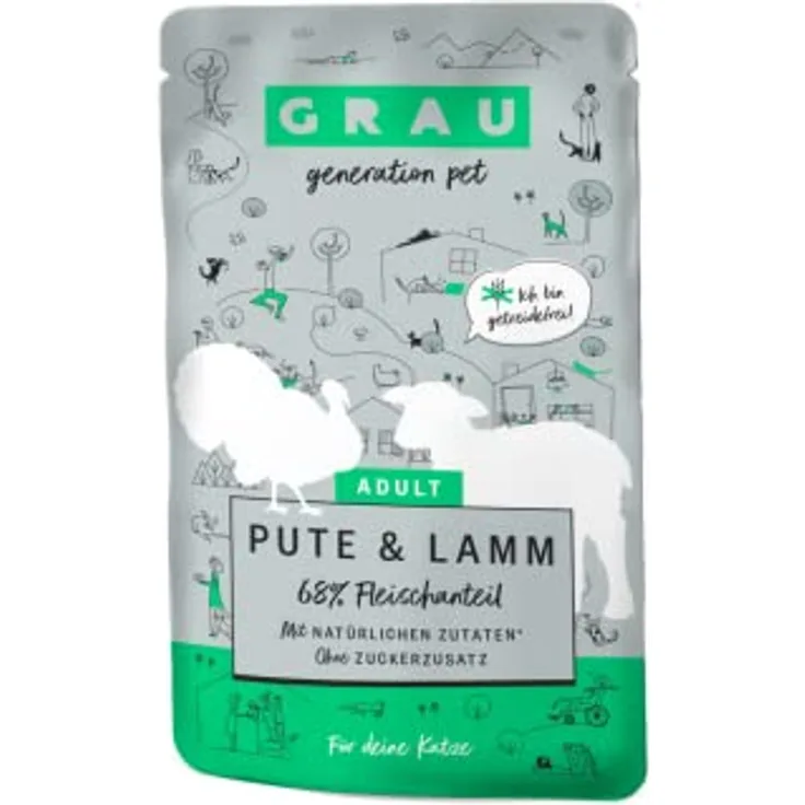 GRAU Nassfutter für Katzen - Pute & Lamm, getreidefrei, 16er Pack (16 x 125 g), leicht verdaulich und vitaminreich, für sensible Katzen