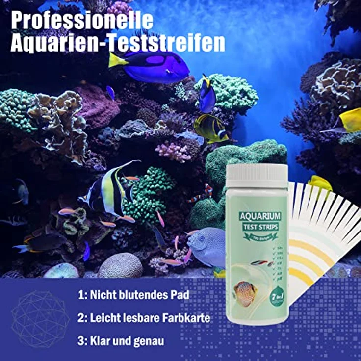 Cozii 7 in 1 Aquarium Teststreifen, 100 Teststreifen zur Wasserprüfung von pH, Nitrit, Nitrat, Gesamthärte, freiem Chlor, Gesamtalkalität und Karbonat für Salzwasser und Süßwasser Aquarien – Bild 5