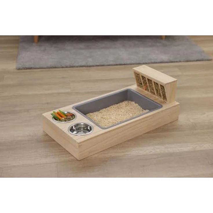 Kerbl Pet Buddel- und Futterstation, Kiefernholz, 70x36x24cm, Fressstation mit 2 Edelstahl-Näpfen für Nager, für Innen- und Außenbereich – Bild 4