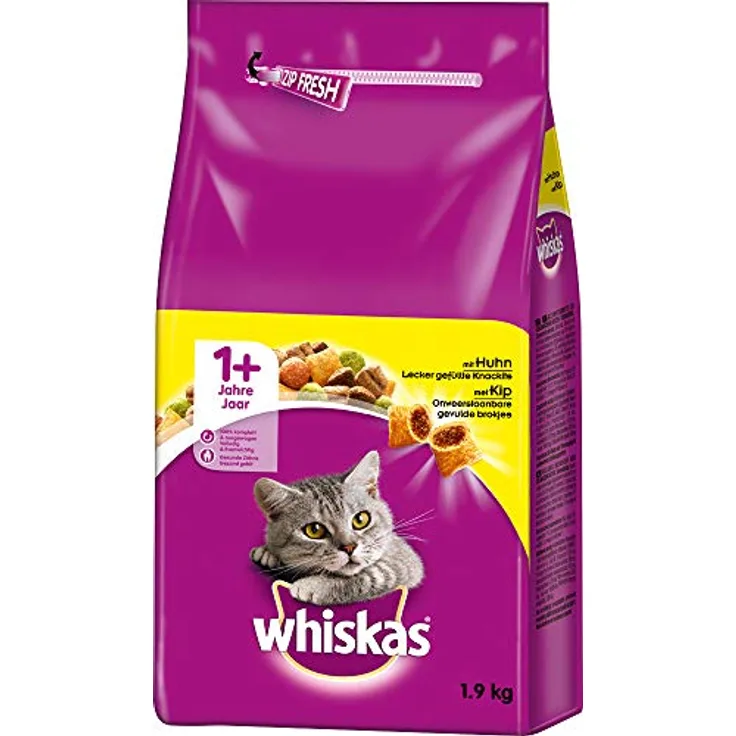 Whiskas 1+ Adult Huhn, 1,9 kg Katzenfutter mit Knackits®, unterstützt Zahnpflege und Hautgesundheit