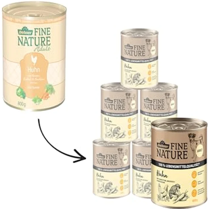 Dehner Fine Nature Hundefutter, Nassfutter in Lebensmittelqualität für ausgewachsene Hunde, Huhn mit Karotten und Brokkoli, 6 x 800 g Dose (4.8 kg) – Bild 3