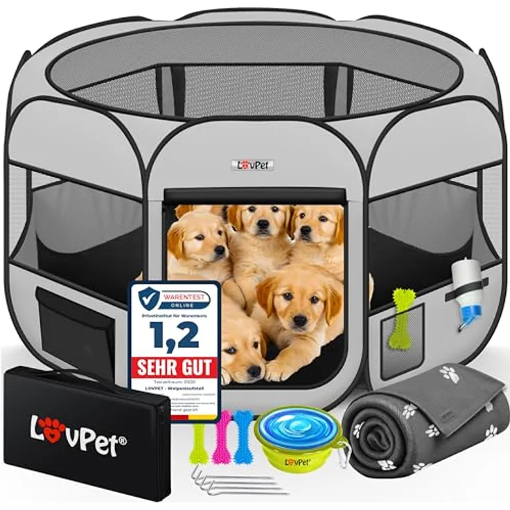 LOVPET® Welpenlaufstall, faltbar für Hunde und Katzen, 125 cm Durchmesser, inkl. Hundenapf und Fleece Decke, Oxfordgewebe, Pop-up System, hellgrau/schwarz, für Indoor & Outdoor