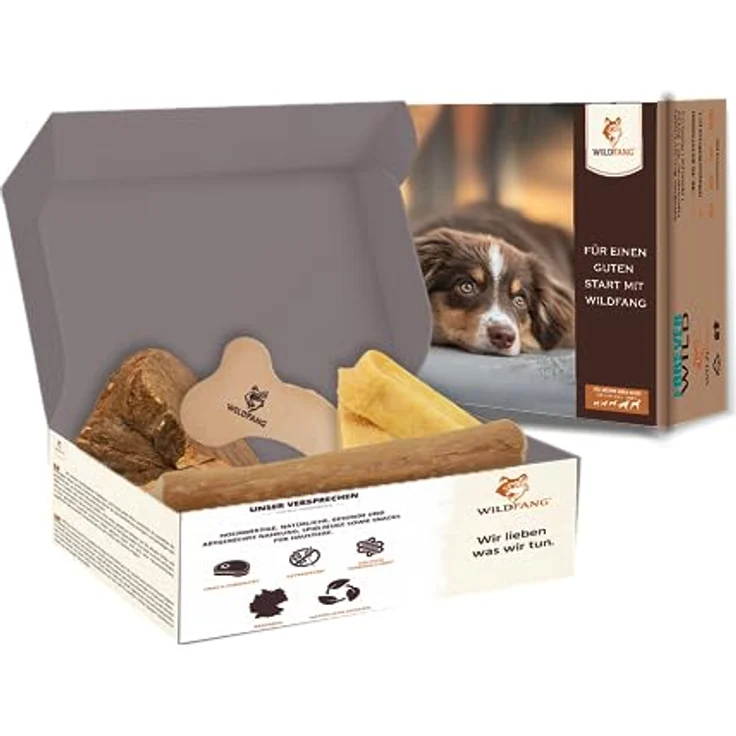 Wildfang® Willkommen Streuner Kauspielzeug Set für Hunde – Natur Hundespielzeug mit Hartkäse Kaustange, Kauwurzel Baumheide, Leder Kauknochen & Kaffeeholz für kleine Hunde – Bild 1
