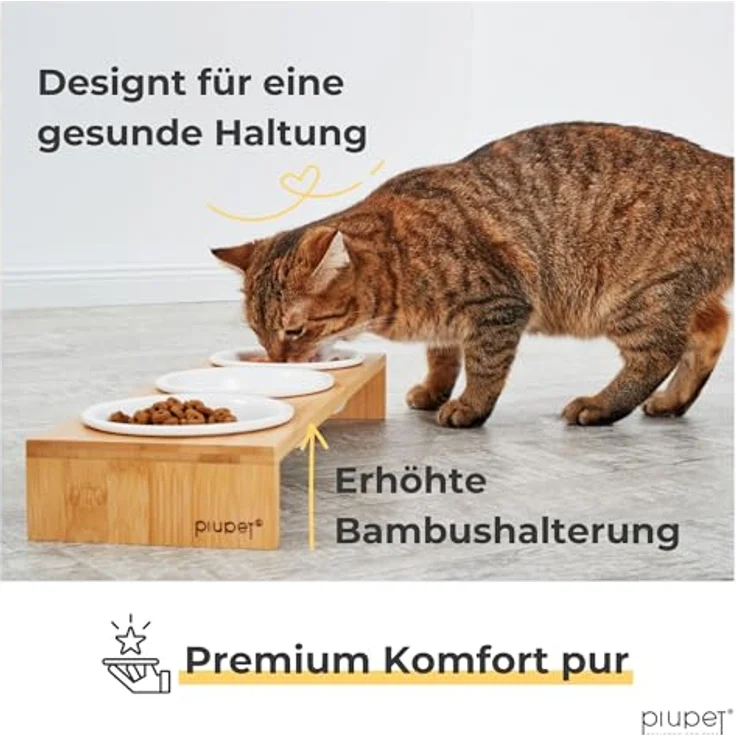 PiuPet 3er Katzennapf Set, Keramikfressnäpfe mit Bambus-Napferhöhung, 250ml, rutschfest und spülmaschinenfest – Bild 5