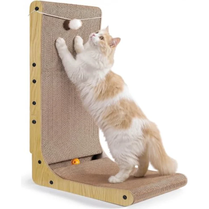 Gimars L-förmiges Kratzbrett für Katzen, 68 cm hoch, langlebige Wellpappe mit Plüschball, idealer Möbelschutz und Spielvergnügen – Bild 1
