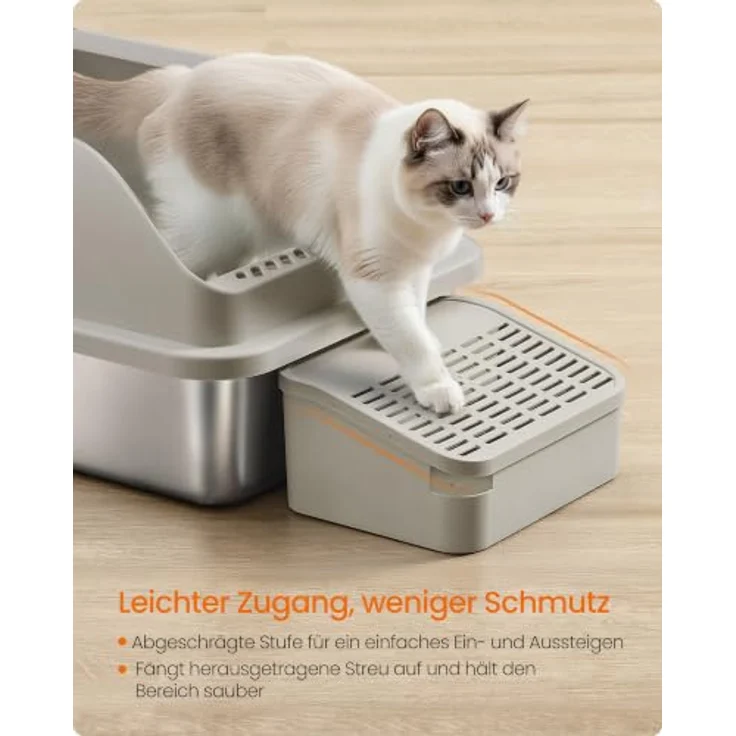 Feandrea Katzenklo Edelstahl XXL, Offene Katzentoilette mit Hohem Rand, Treppe und Schaufel, 28L Fassungsvermögen – Bild 5