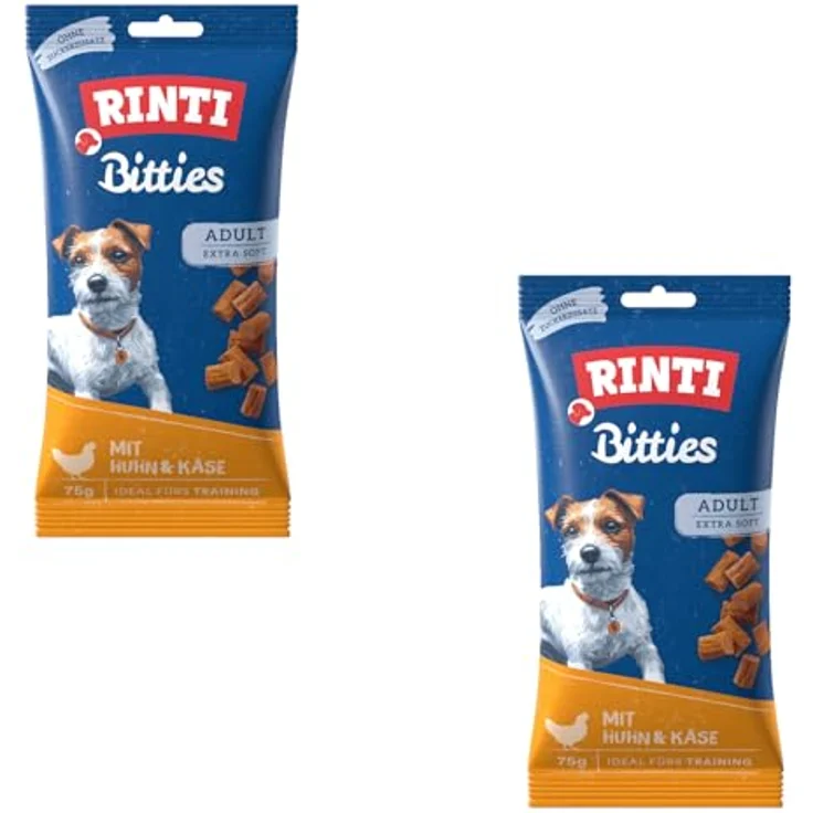 Rinti Bitties Huhn + Käse, Doppelpack 2 x 75 g, extra weiche Hundesnacks ohne Zucker & Soja, mit 95 % Fleischanteil und Omega 3 – Bild 1