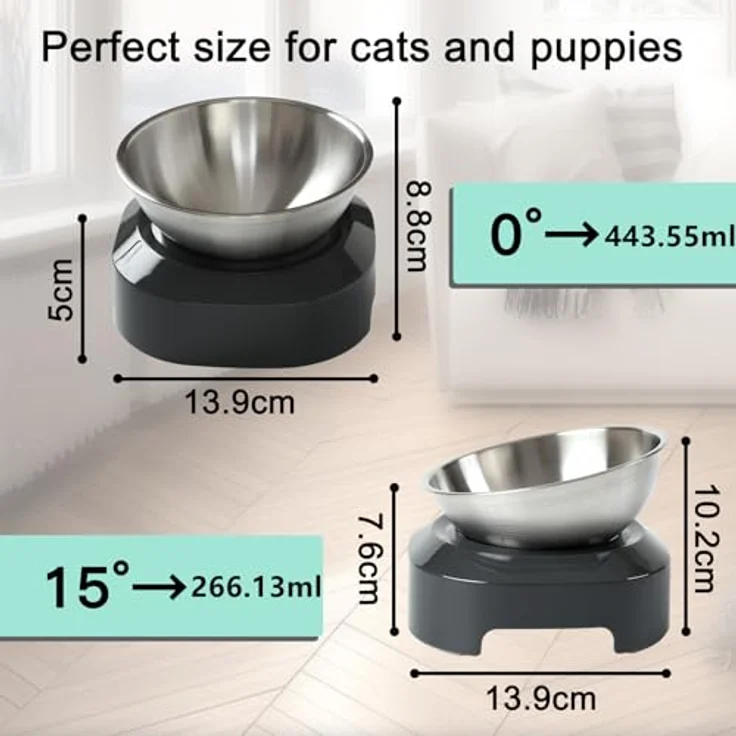 PewinGo Katzennapf Edelstahl mit 15° Kipphals-Schutz, rutschfeste Silikonbasis, maschinenwaschbar, für Katzen und Hunde - Einzelne Schüssel – Bild 5