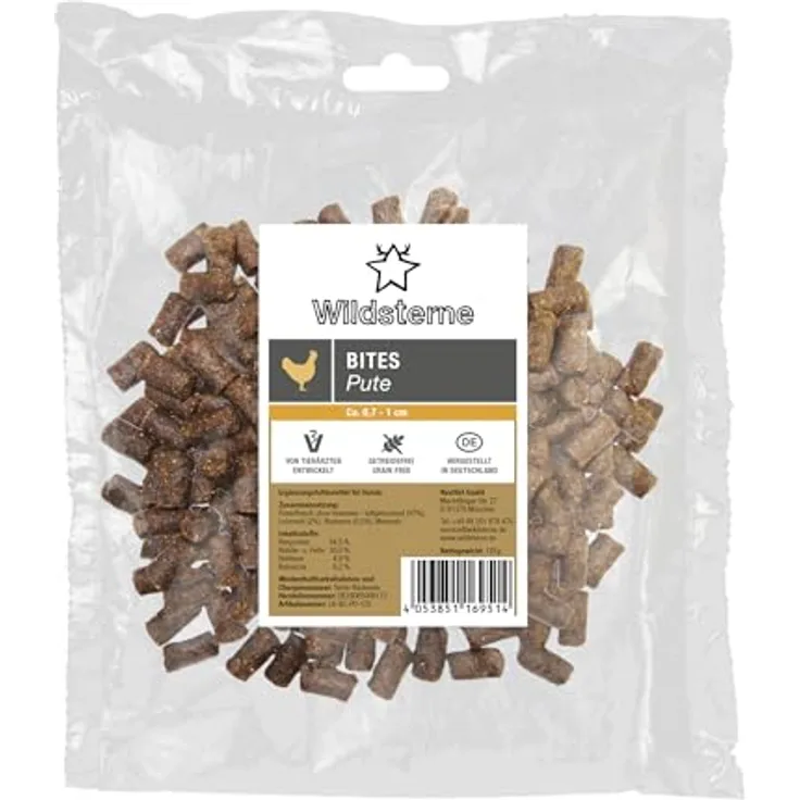 Wildsterne Hundeleckerli Bites Pute 125 g, Monoprotein aus 97% Fleisch, getreidefrei, hypoallergen, ohne Zusatzstoffe, Zutaten aus der EU