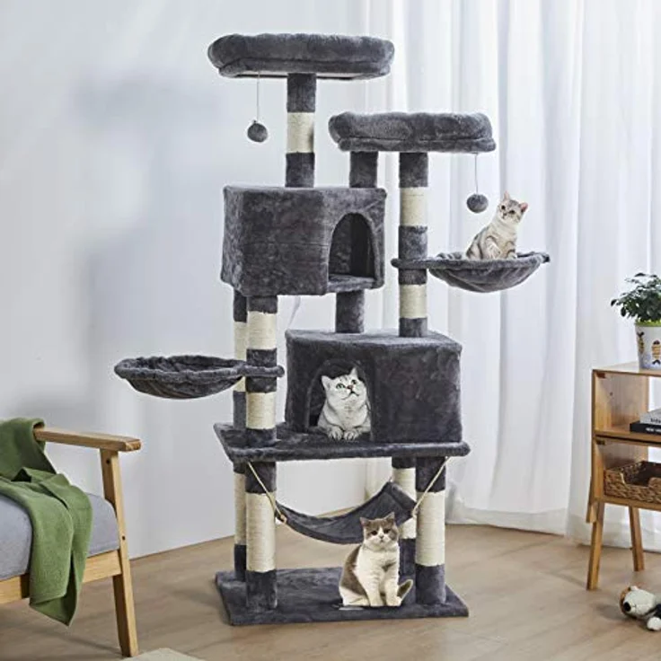 MSmask Stabiler Kratzbaum, Katzenbaum für große Katzen mit 2 Plattformen und großer Höhle, hellgrau, Sisalstämme, aus FSC-zertifiziertem Holz – Bild 3