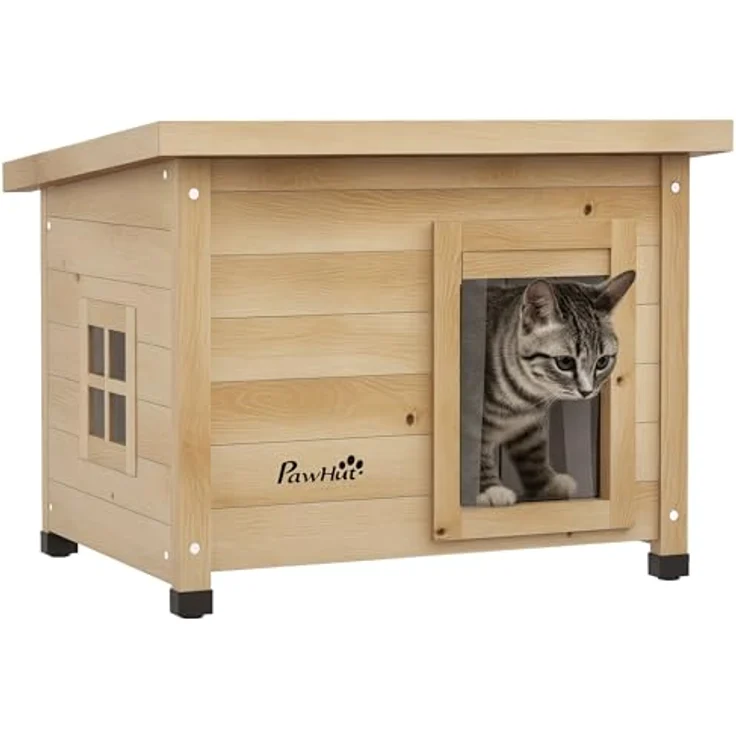 PawHut Katzenhaus aus Holz, winterfest und wasserdicht mit Asphaltdach, Fenster und Türvorhang, erhöhte Katzenhöhle für Outdoor mit Maße 57 x 45 x 43 cm, gelb – Bild 1