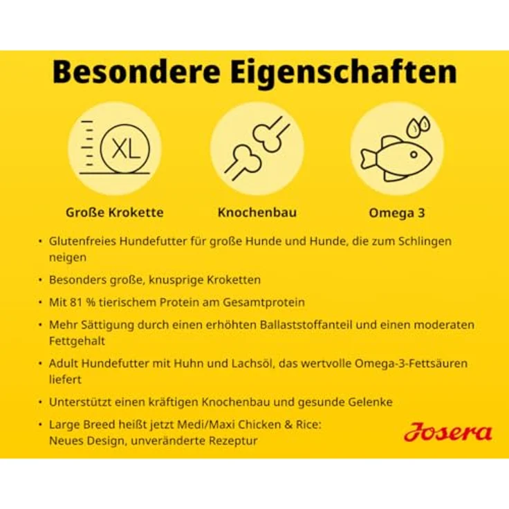 JOSERA Adult Large Huhn & Reis, Premium Trockenfutter für ausgewachsene Hunde großer Rassen, 3 kg, glutenfrei, mit Lachsöl, wertvolle Omega-3-Fettsäuren, XL-Kroketten gegen Schlingen – Bild 5