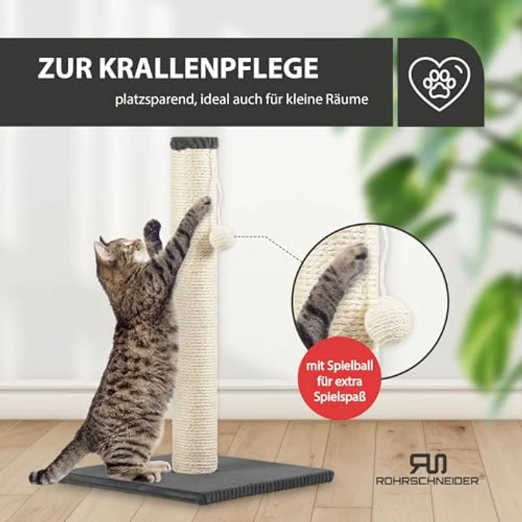 Rohrschneider Kratzbaum klein, Kratzsäule mit Spielkugel, Sisalstärke 6 mm, Bodenplatte mit Cordüberzug, Höhe 64 cm, dunkelgrau – Bild 5