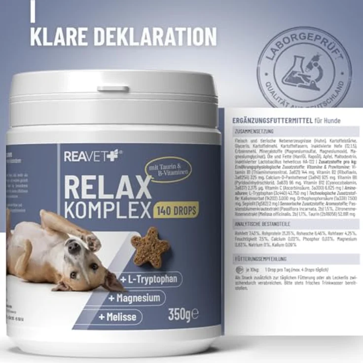 REAVET Relax Komplex Drops, Ergänzungsfuttermittel für Hunde zur Unterstützung von innerer Ruhe mit L-Tryptophan und Magnesium, 350g (140 Stk) – Bild 7