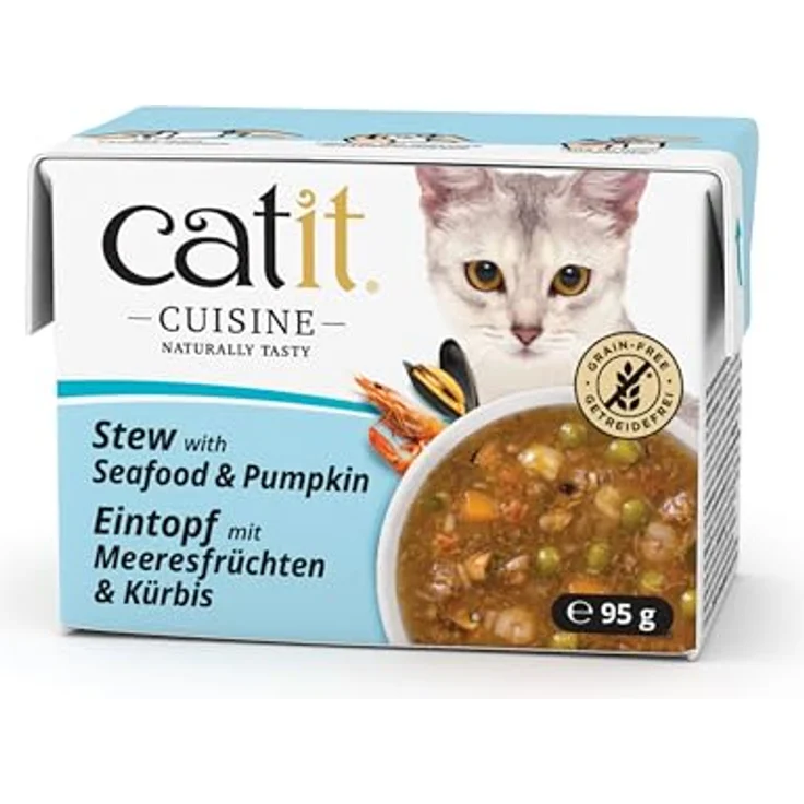 Catit Cuisine Eintopf mit Meeresfrüchten und Kürbis, Premium Nassfutter für Katzen, 95g, getreidefrei, hoher Fleischanteil – Bild 1