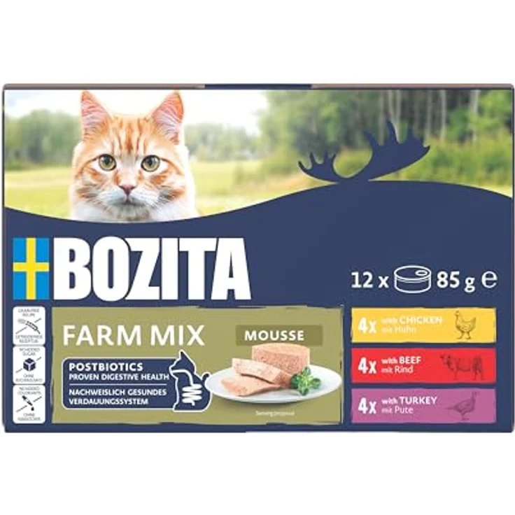Bozita Mousse Mixed Farm, Katzen-Nassfutter mit Huhn, Rind und Pute, getreidefrei, 12x85g – Bild 2