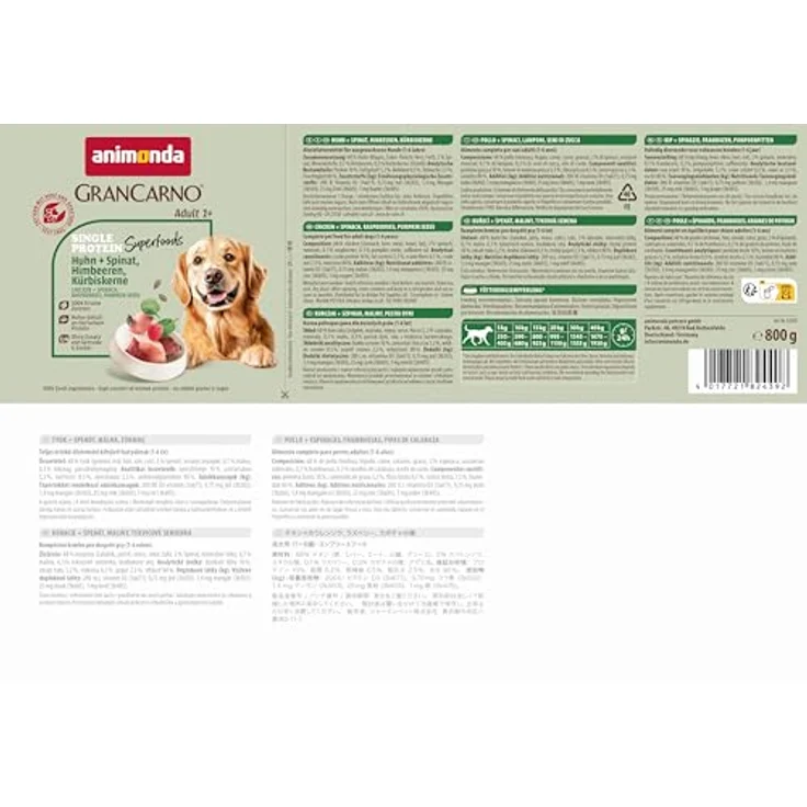 animonda GranCarno superfoods Huhn + Spinat + Himbeer + Kürbiskern, Hunde-Nassfutter, 6x800g, hochwertige und ausgewogene Rezeptur, hergestellt in Deutschland – Bild 8