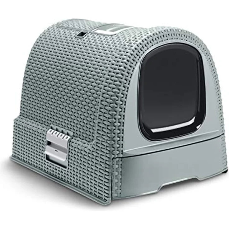 Curver petlife Katzentoilette mit Deckel, Katzenklo inklusive Schaufel, moderne Rattangeflecht-Optik, grau-blau, 51,5 x 38,5 x 40 cm – Bild 1