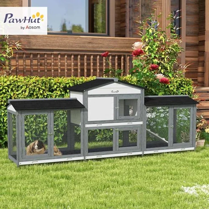 PawHut Hasenstall 2 Etagen, Kaninchenstall aus Holz 230 x 53 x 93,5 cm mit Rampe, Freilaufgehege, ausziehbaren Bodenwannen und Bitumendach, hellgrau – Bild 2