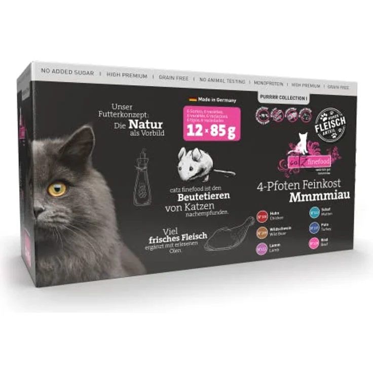 catz finefood Purrrr Collection I - Monoprotein Nassfutter für Katzen - getreidefrei, zuckerfrei, hypoallergen, hoher Fleischanteil, 12 Beutel à 85 g – Bild 2