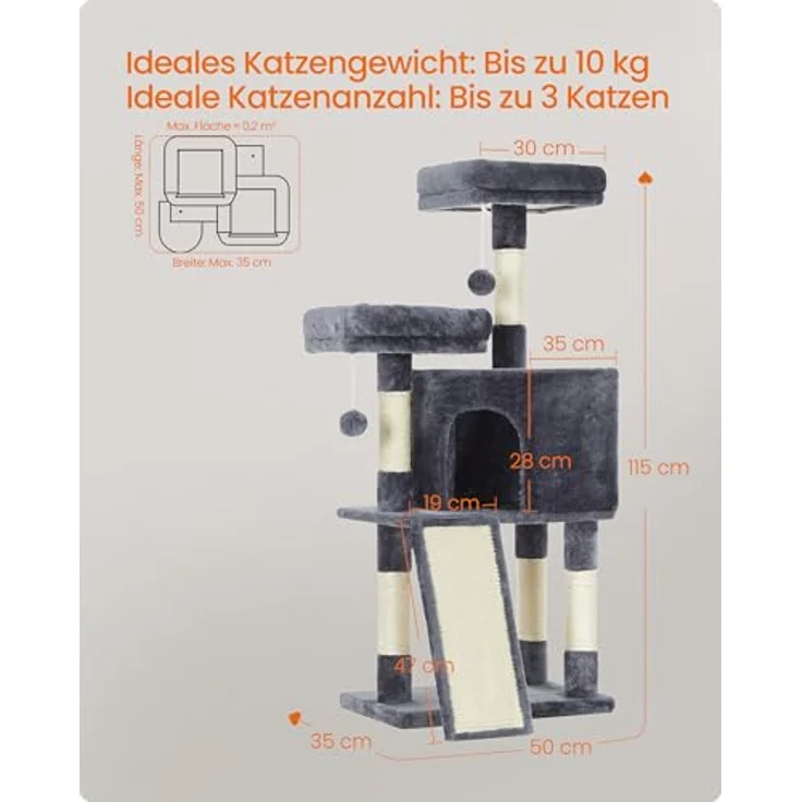 Feandrea PCT141G01, Kratzbaum klein in rauchgrau mit Kratzbrett und Plattformen, 115 cm, Sisal umwickelte Säulen, weicher Plüsch – Bild 5