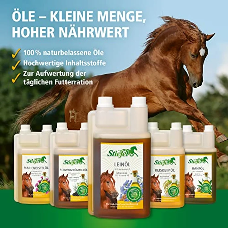 Stiefel Leinöl für Pferde, 100% naturreines kaltgepresstes Öl, unterstützt Fellwechsel, Verdauung & Haut, flüssig mit Dosierflasche, 1l – Bild 3
