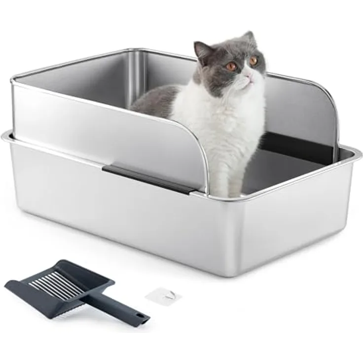 Yangbaga Edelstahl Katzenklo XXL, Offene Katzentoilette mit Hohem Rand, Geruchsneutral und Auslaufsicher, 60x40x30cm mit Katzenstreuschaufel