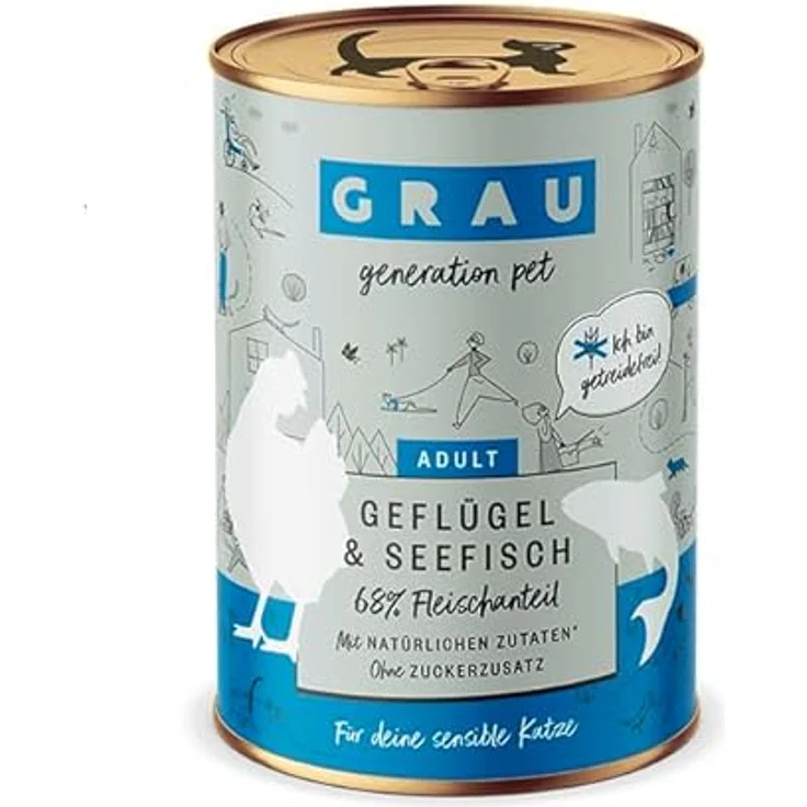 GRAU – das Original – Nassfutter für Katzen, Geflügel & Seefisch, getreidefrei, 6er Pack (6 x 400 g), für Erwachsene Katzen, auch für sensible Katzen geeignet – Bild 1