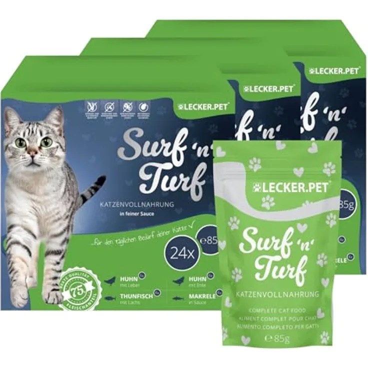 Lyra Pet Lecker.Pet® Surf'n'Turf Pouches Katzenfutter, 72 x 85 g Multipack in feiner Sauce, 4 Sorten, getreidefrei & glutenfrei, reich an Proteinen & Mineralien, für ausgewachsene Katzen