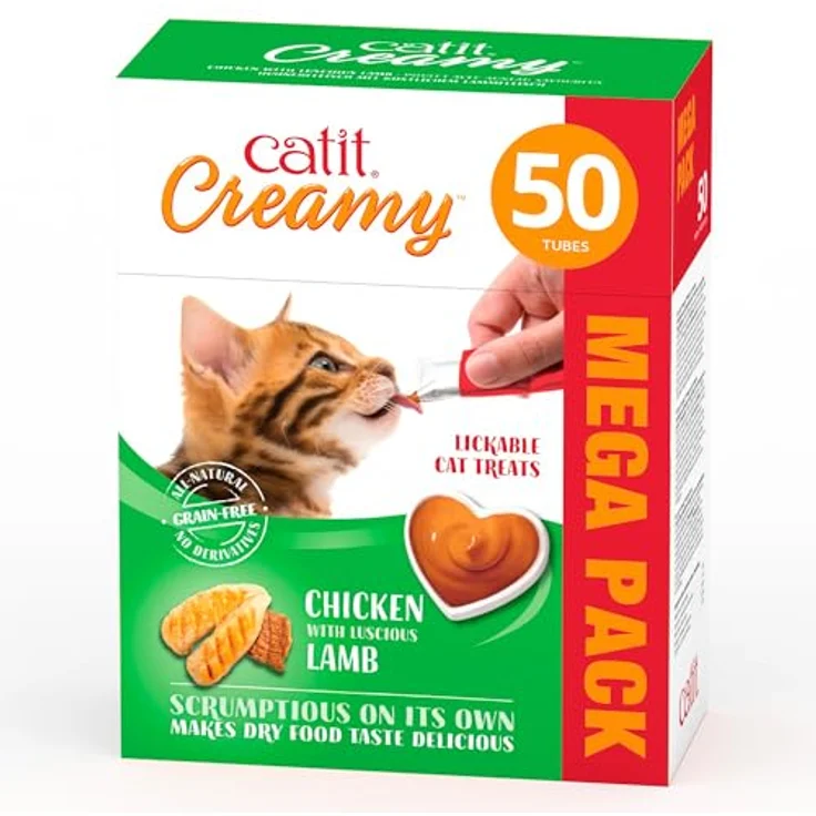 Catit Creamy flüssigkeitsspendende Leckpaste für Katzen mit Huhn und Lamm, hoher Fleischanteil, 50 x 10g – Bild 1