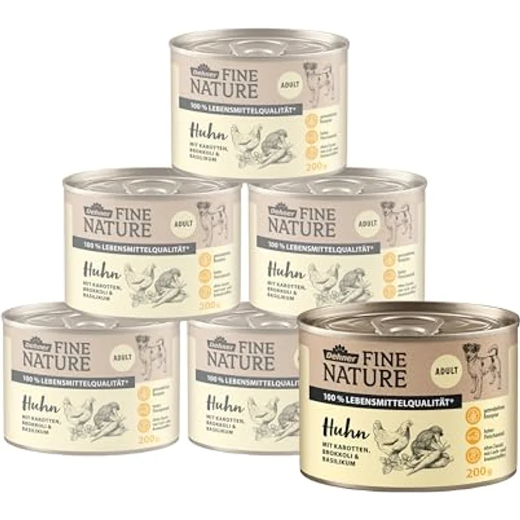 Dehner Fine Nature Hundefutter, Nassfutter in Lebensmittelqualität, für ausgewachsene Hunde, Huhn mit Karotten und Brokkoli, 6 x 200 g Dose (1.2 kg) – Bild 1